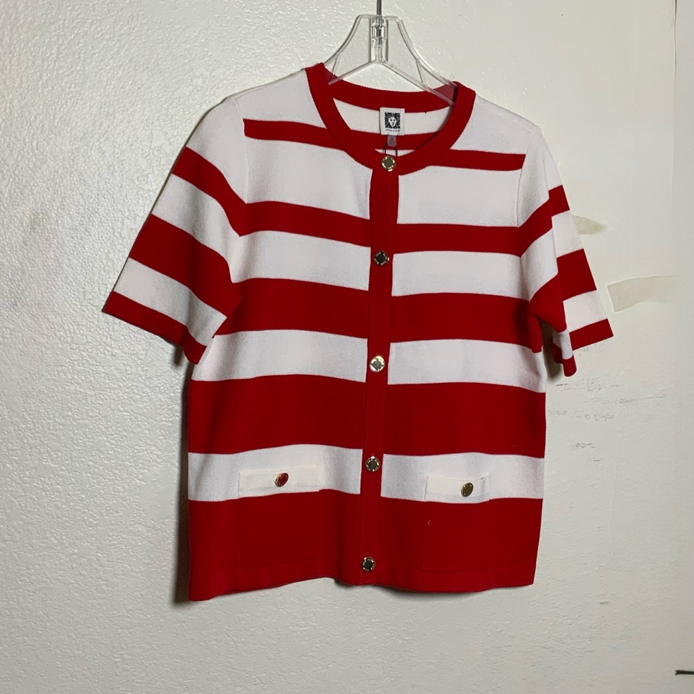 Anne Klein Red and White Striped Short Sleeve Cardigan with Gold Button